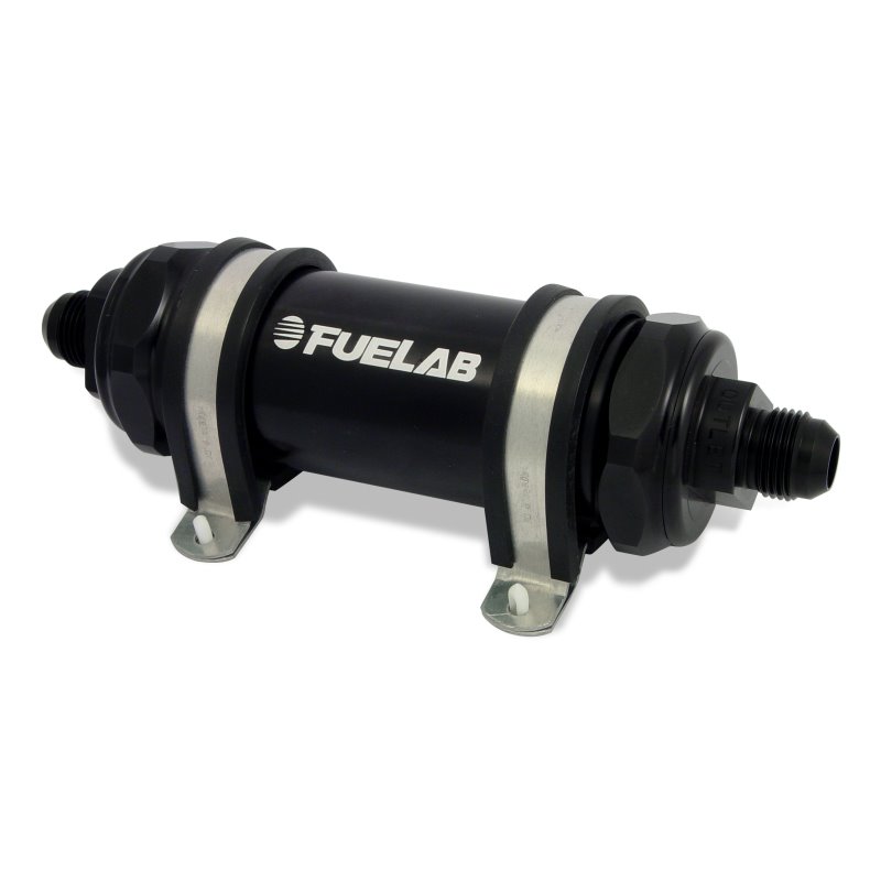 Fuelab 828 In-Line Fuel Filter Long -10AN In/Out 100 Micron Stainless - Black