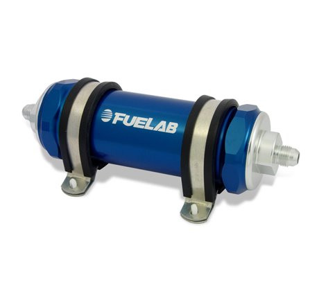 Fuelab 858 In-Line Fuel Filter Long -8AN In/Out 10 Micron Fabric w/Check Valve - Blue