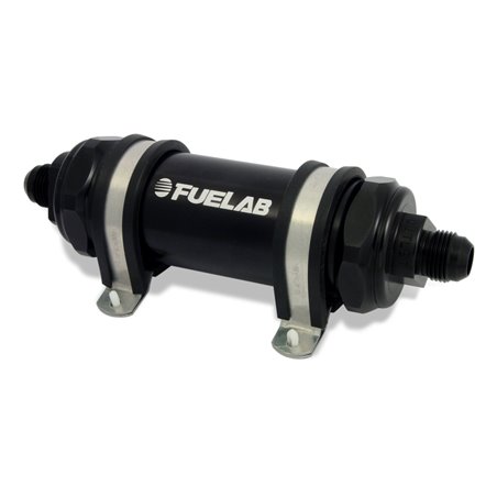 Fuelab 858 In-Line Fuel Filter Long -10AN In/Out 40 Micron Stainless w/Check Valve - Black