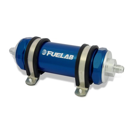 Fuelab 858 In-Line Fuel Filter Long -10AN In/Out 100 Micron Stainless w/Check Valve - Blue