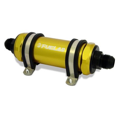 Fuelab 858 In-Line Fuel Filter Long -10AN In/Out 6 Micron Fiberglass w/Check Valve - Gold