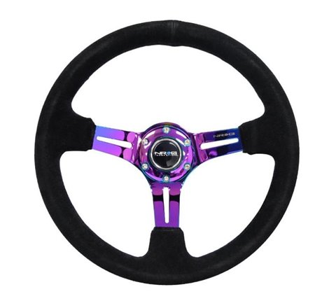 NRG Reinforced Steering Wheel (350mm / 3in. Deep) Blk Suede/Red Stitch w/Neochrome Slits