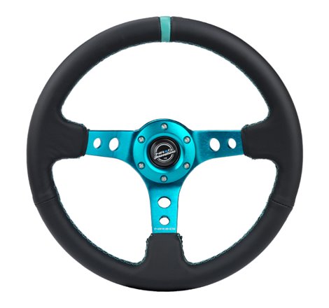 NRG Reinforce Steering Wheel (350mm / 3in. Deep) Blk Leather, Teal Center Mark w/ Teal Stitching