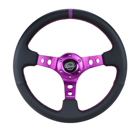 NRG Reinforced Steering Wheel (350mm / 3in. Deep) Black Leather w/Purple Center & Purple Stitching