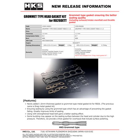 HKS RB26 88mm Bore 1.6mm Thick Grommet Type Head Gasket