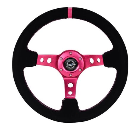 NRG Reinforced Steering Wheel (350mm/ 3in. Deep) Black Suede/ Fushia Center Mark/ Fushia Stitching
