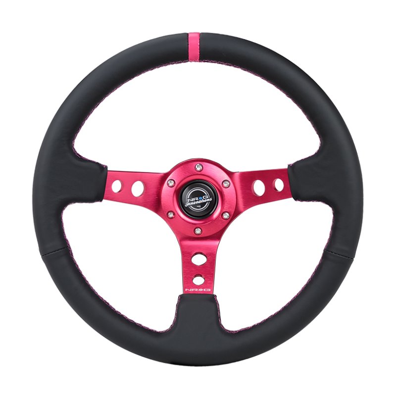 NRG Reinforced Steering Wheel (350mm/3in. Deep) Black Leather/ Fushia Center Mark/ Fushia Stitching
