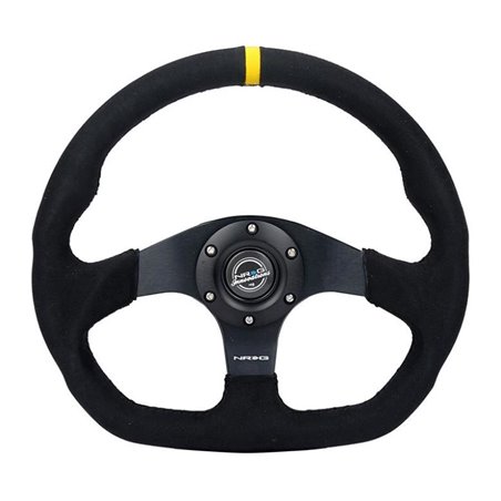NRG Reinforced Steering Wheel (320mm) Sport Alcantara Dual Push Buttons Flat Bottom w/Yellow Center