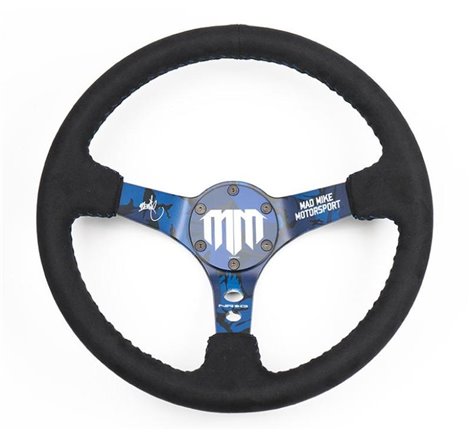 NRG Reinforced Steering Wheel (3in. Deep) Mad Mike/ 5mm Spoke /Alcantara Finish w/ Blue Stitching