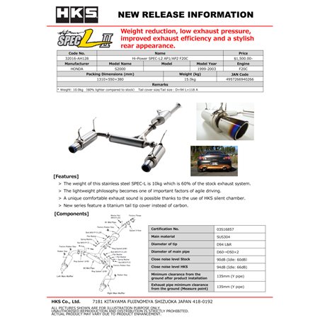 HKS Hi-Power Muffler SPEC-L II - AP2 F22C S2000 Honda