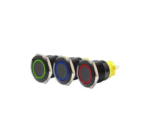 22mm Black Latching Push Button Switch - RGB LED (Green/Red/Blue)