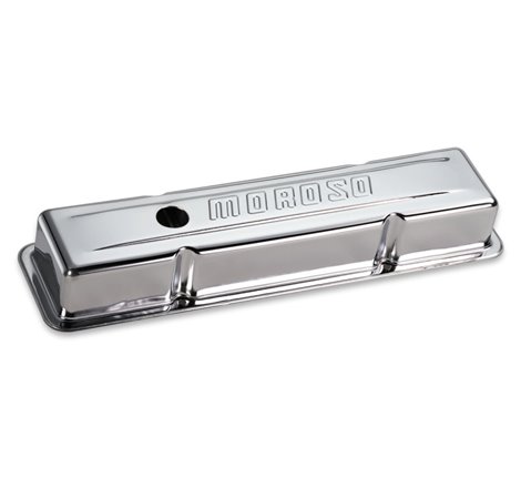 Moroso Chevrolet Small Block Valve Cover - w/Baffle - Stock Height - Stamped Steel Chrome Plated