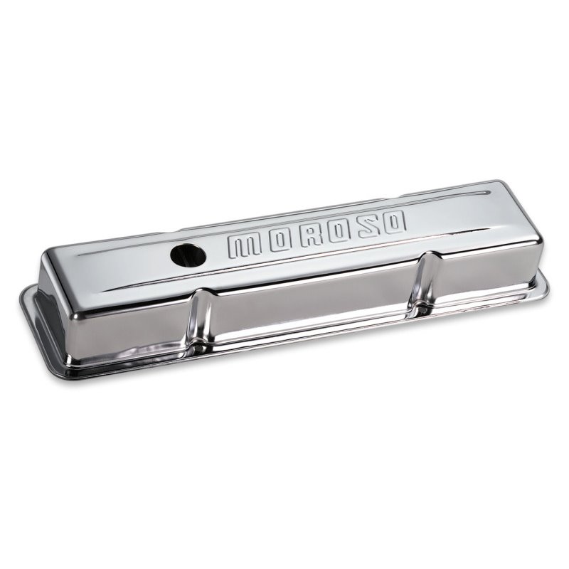 Moroso Chevrolet Small Block Valve Cover - w/Baffle - Stock Height - Stamped Steel Chrome Plated