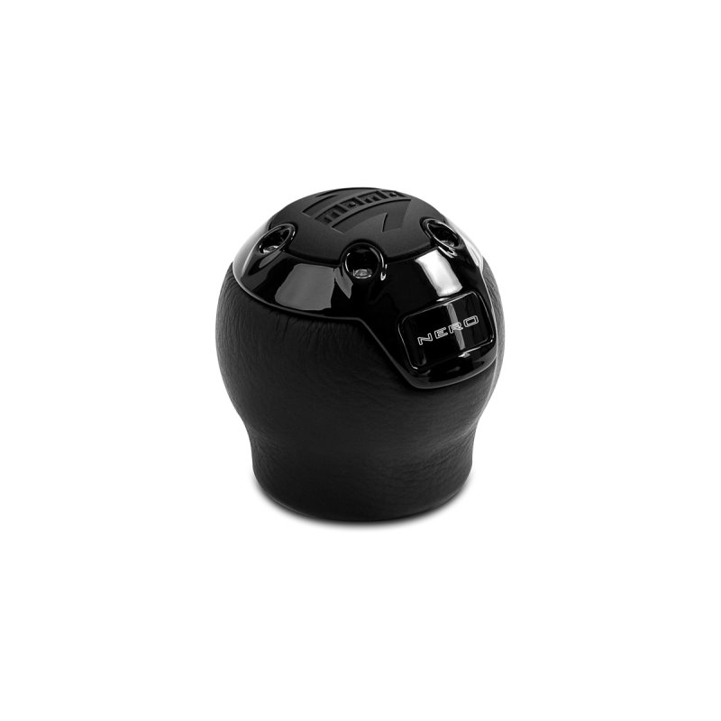 Momo Nero Shift Knob - Black Leather, Black Chrome Insert, with Reverse Lockout