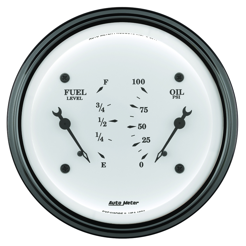 AutoMeter Gauge Dual Fuel & Oilp 3-3/8in. 0 Ohm(e) to 90 Ohm(f)& 100PSI Elec Old Tyme White