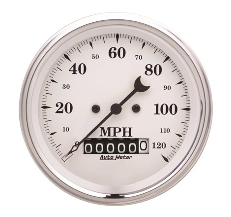 AutoMeter Gauge Speedo. 3-3/8in. 120MPH Elec. Prog. W/ Wheel Odo Old Tyme White