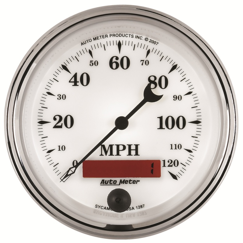 AutoMeter Gauge Speedometer 3-3/8in. 120MPH Elec. Prog. W/ Lcd Odo Old Tyme Wht II
