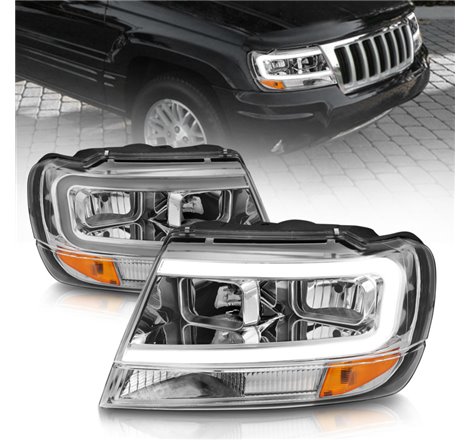ANZO 1999-2004 Jeep Grand Cherokee Crystal Headlights w/ Light Bar Chrome Housing