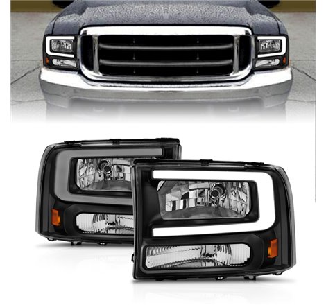 ANZO 99-04 Ford F250/F350/F450/Excursion (excl. 99) Crystal Headlights - w/ Light Bar Black Housing