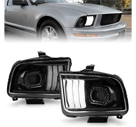 ANZO 05-09 Ford Mustang (w/Factory Halogen HL Only) Projector Headlights w/Light Bar Black Housing