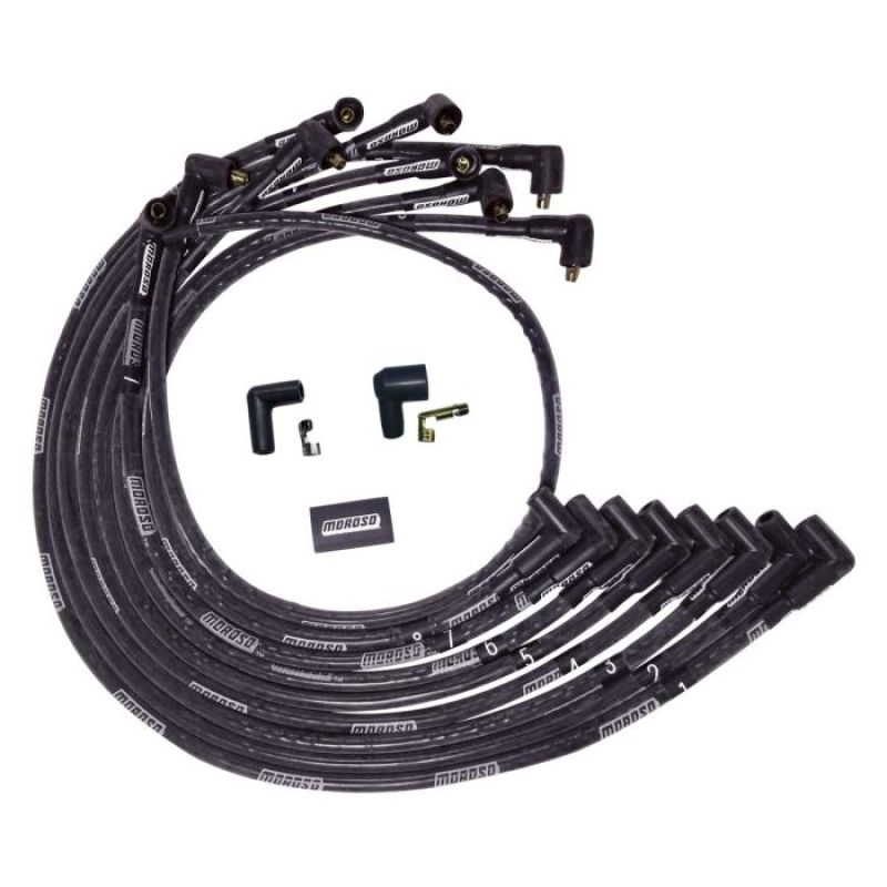 Moroso BBC Under Header 90 Deg Plug End Non-HEI Sleeved Ultra Spark Plug Wire Set - Black