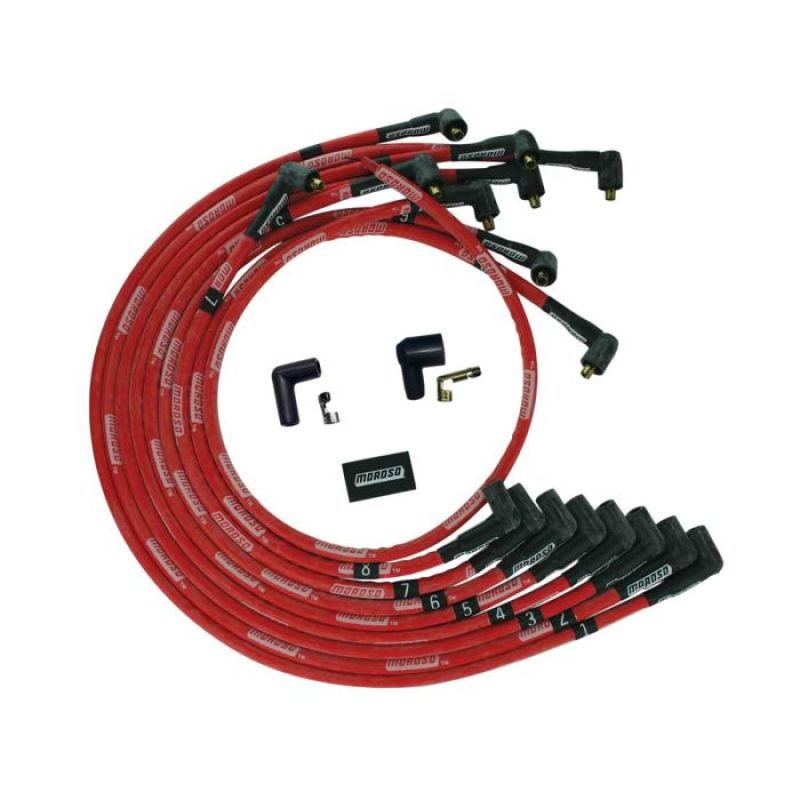 Moroso BBC Under Header 90 Deg Plug Boots Non-HEI Sleeved Ultra Spark Plug Wire Set - Red