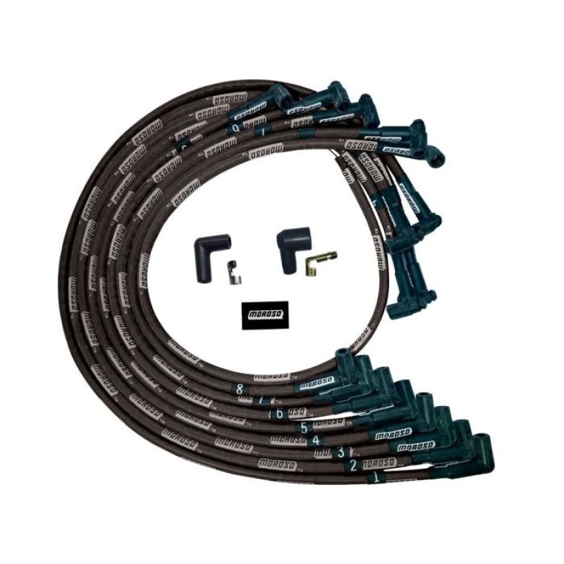 Moroso SBC Under Header 90 Deg Plug End HEI Sleeved Ultra Spark Plug Wire Set - Black