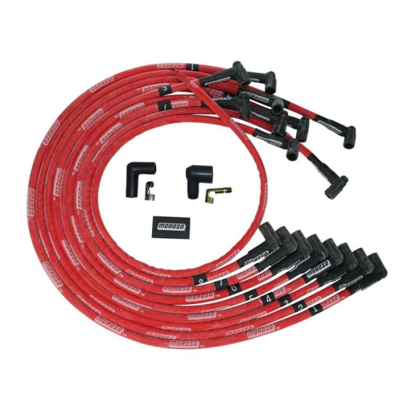 Moroso BBC Under Header 90 Deg Plug Boots HEI Sleeved Ultra Spark Plug Wire Set - Red