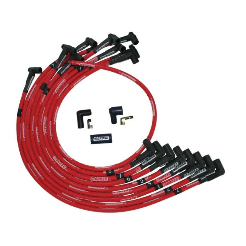 Moroso SBC Over Valve Cover 90 Deg Plug HEI Sleeved Ultra Spark Plug Wire Set - Red