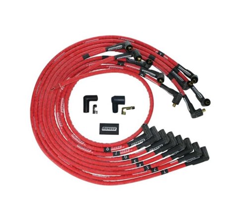 Moroso SBC Under Header 90 Deg Plug Non-HEI Sleeved Ultra Spark Plug Wire Set - Red