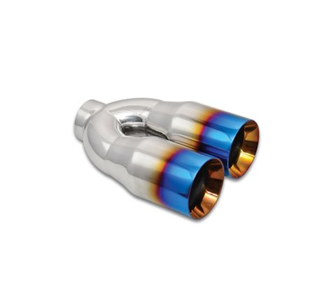 Vibrant 2.5in ID Dual 3.5in OD Round SS Tips (Double Wall, Straight Cut) with Burnt Blue Finish