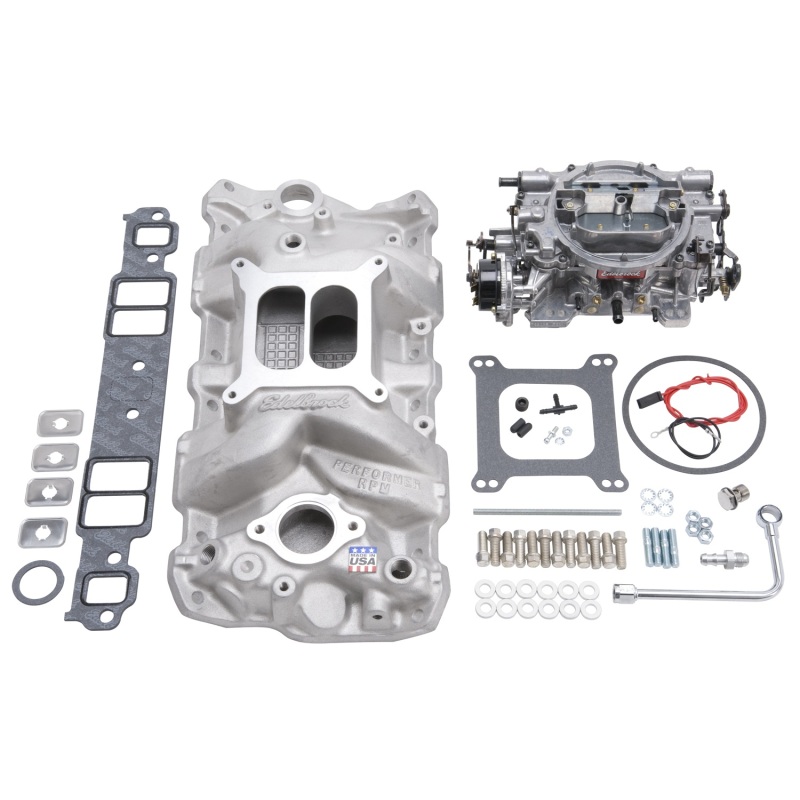 Edelbrock Manifold And Carb Kit Performer RPM Small Block Chevrolet 1957-1986 Natural Finish