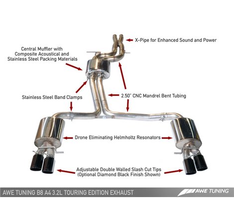 AWE Tuning Audi B8 A4 3.2L Touring Edition Exhaust - Quad 90mm (3.54 in) Polished Silver Tips