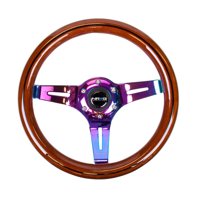 NRG Classic Wood Grain Steering Wheel (310mm) Dark Wood & Black Line Inlay w/Neochrome 3-Spoke Ctr.