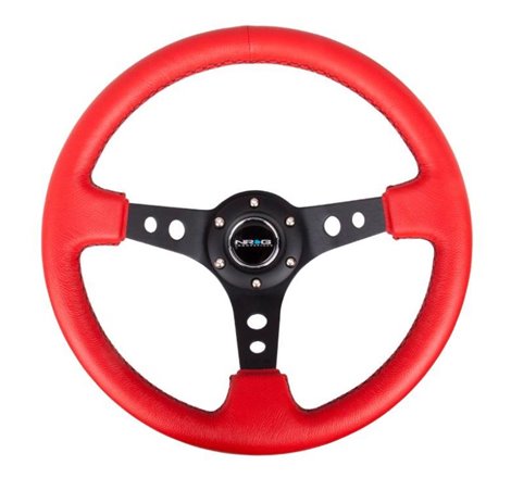 NRG Reinforced Steering Wheel (350mm / 3in. Deep) Red Leather/Blk Stitch w/Blk Spokes (Hole Cutouts)