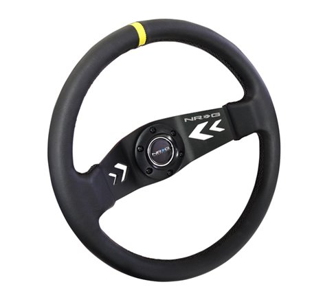 NRG Reinforced Steering Wheel (350mm / 3in Deep) Blk Leather w/NRG Arrow-Cut 2-Spoke & Sgl Yellow CM
