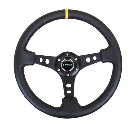 NRG Reinforced Steering Wheel (350mm / 3in. Deep) Blk Leather w/Blk Cutout Spoke/Yellow Center Mark