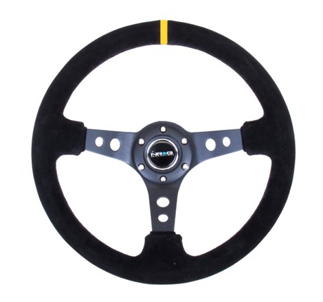 NRG Reinforced Steering Wheel (350mm / 3in. Deep) Blk Suede w/Circle Cut Spokes & Single Yellow CM