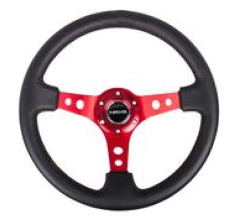 NRG Reinforced Steering Wheel (350mm / 3in. Deep) Blk Leather w/Red Circle Cutout Spokes