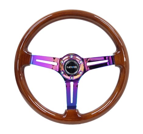 NRG Reinforced Steering Wheel (350mm / 3in. Deep) Brown Wood w/Blk Matte Spoke/Neochrome Center Mark