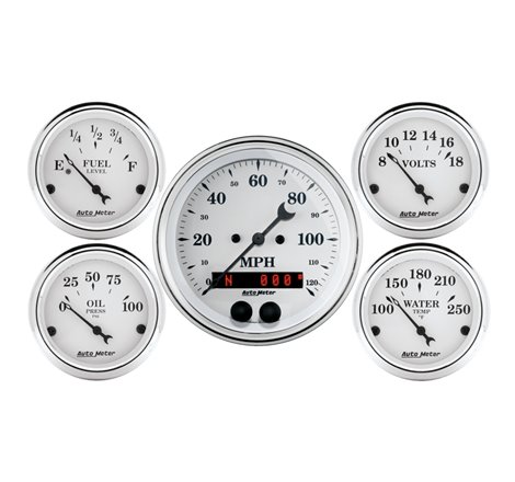 Auto Meter Speedometer 3-3/8in and 2-1/16in 5 Piece Old Tyme White Gauge Kit