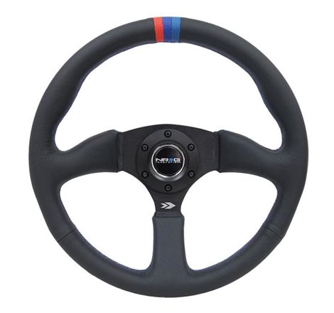 NRG Reinforced Steering Wheel (350mm / 2.5in Deep) Blk Leather w/M3 stitch Matte Blk 3-Spoke Center