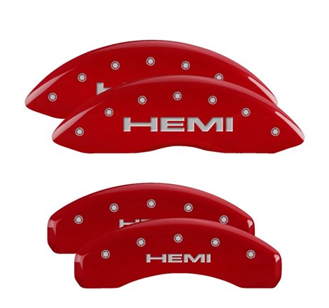 MGP 4 Caliper Covers Engraved Front HEMI Engraved Rear HEMI Logo Red Finish Silver Characters