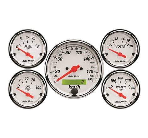 Autometer Arctic White 5 Pc Kit Box w/ Elec KMH Speedo, Elec Oil Press, Water Temp, Volt, Fuel Level