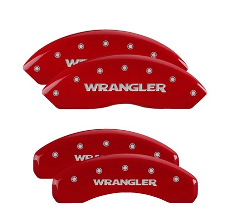 MGP 4 Caliper Covers Engraved Front & Rear 2018 Jeep Wrangler Red Finish Silver Wrangler Logo