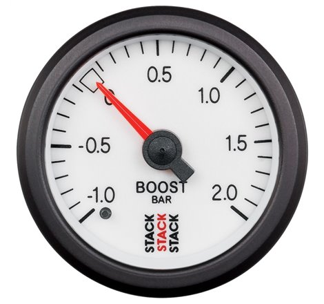 Autometer Stack 52mm -1 to +2 Bar T-Fitting 0.187in Barb (M) Mechanical Boost Pressure Gauge - White