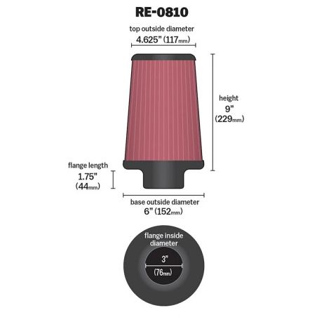 K&N Universal Cone Filter (76mm Flange ID / 152mm Base OD / 229mm Height)