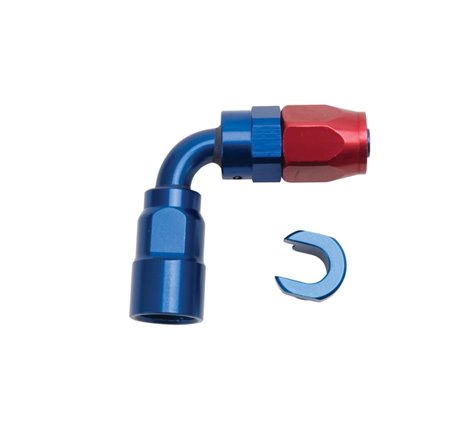 Russell Performance 3/8in SAE Quick Disc Female to -6 Hose Red/Blue 90 Degree Hose End