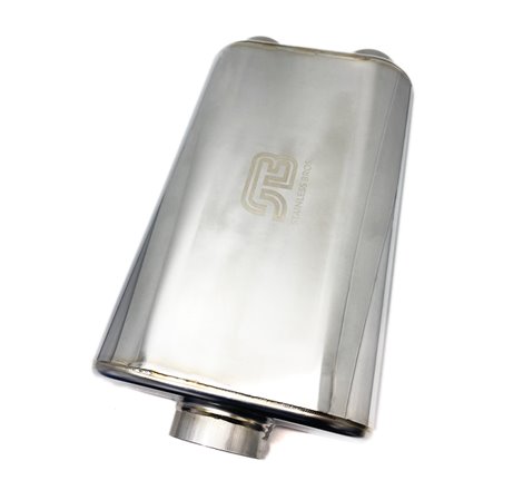 Stainless Bros 17in OAL 3in Thin Oval SS304 Polished Finish Muffler 3in Center In/2.5in Dual Out