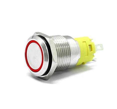 16mm Chrome Latching Push Button Switch - Red LED